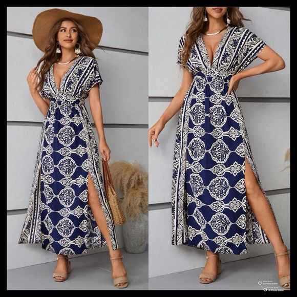 BOUTIQUE Floral Print Side Slits Deep V-neck Short Sleeve Blue Maxi Dress - Picture 3 of 6